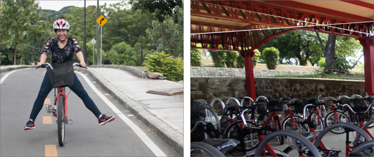 Ciclista y estación de bicicletas